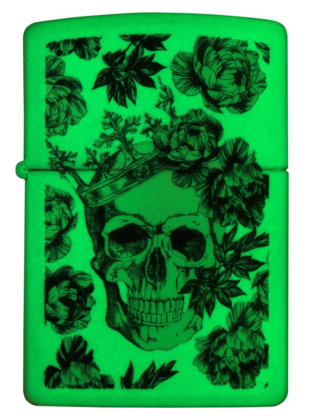 Zippo Lighter: King Skull with Flowers - Glow-in-the-Dark Green 48086