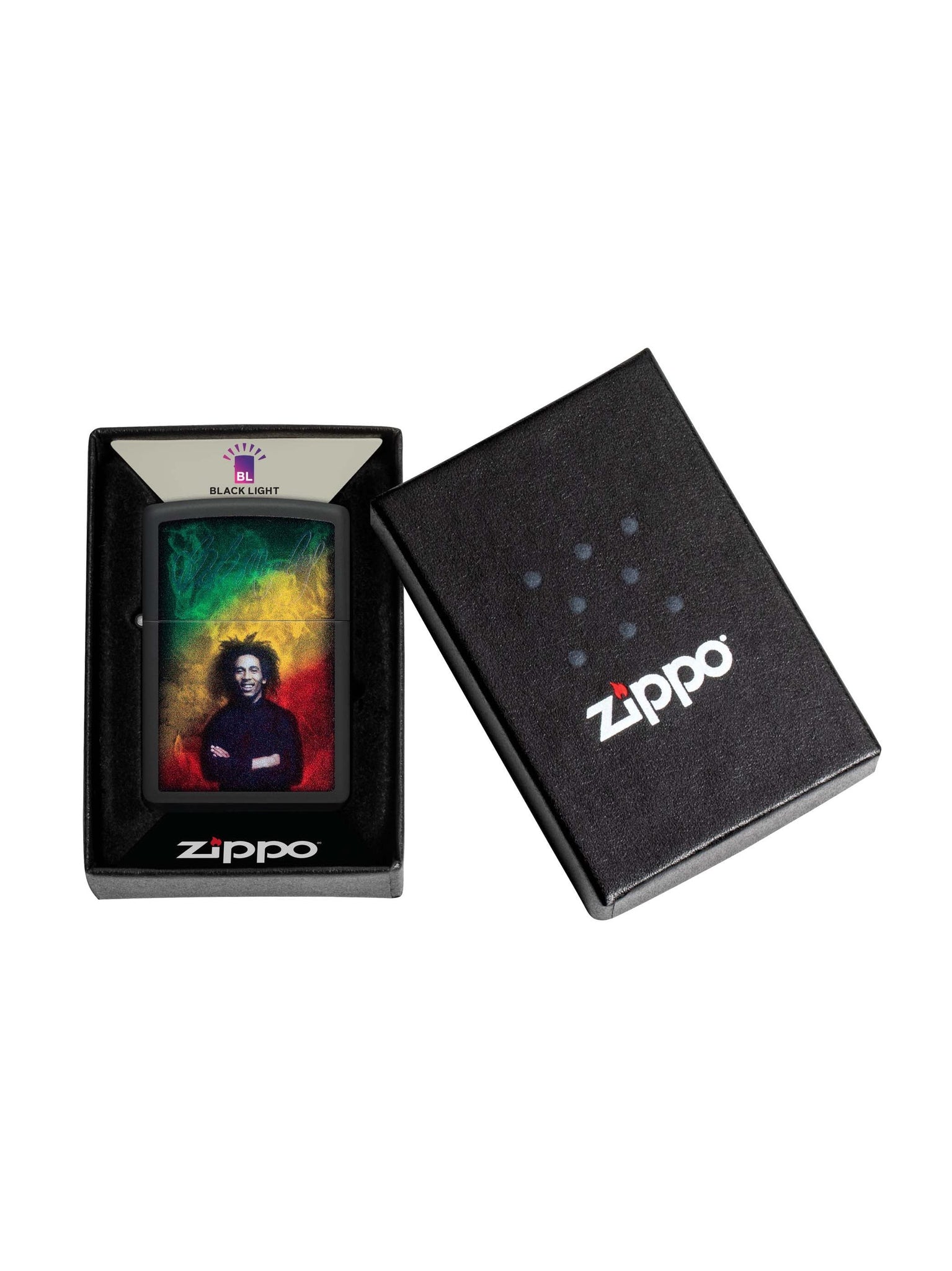 Zippo Lighter: Bob Marley with Black Light Signature - Black Matte 48674