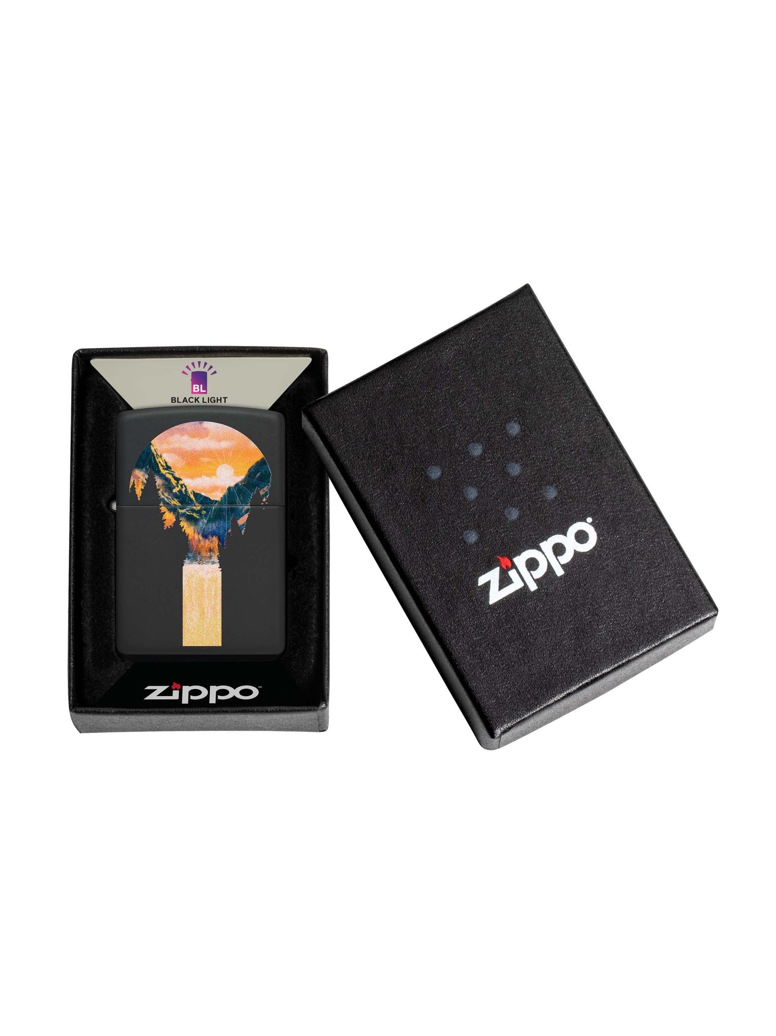 Zippo Lighter: Mountain Scene, Black Light - Black Matte 48676