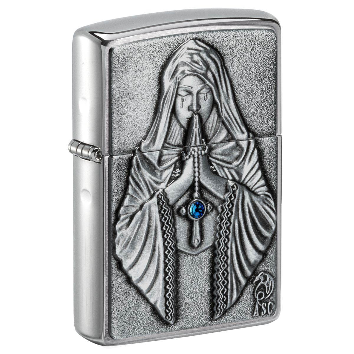 Zippo Lighter: Anne Stokes, Praying Woman Emblem - Brushed Chrome