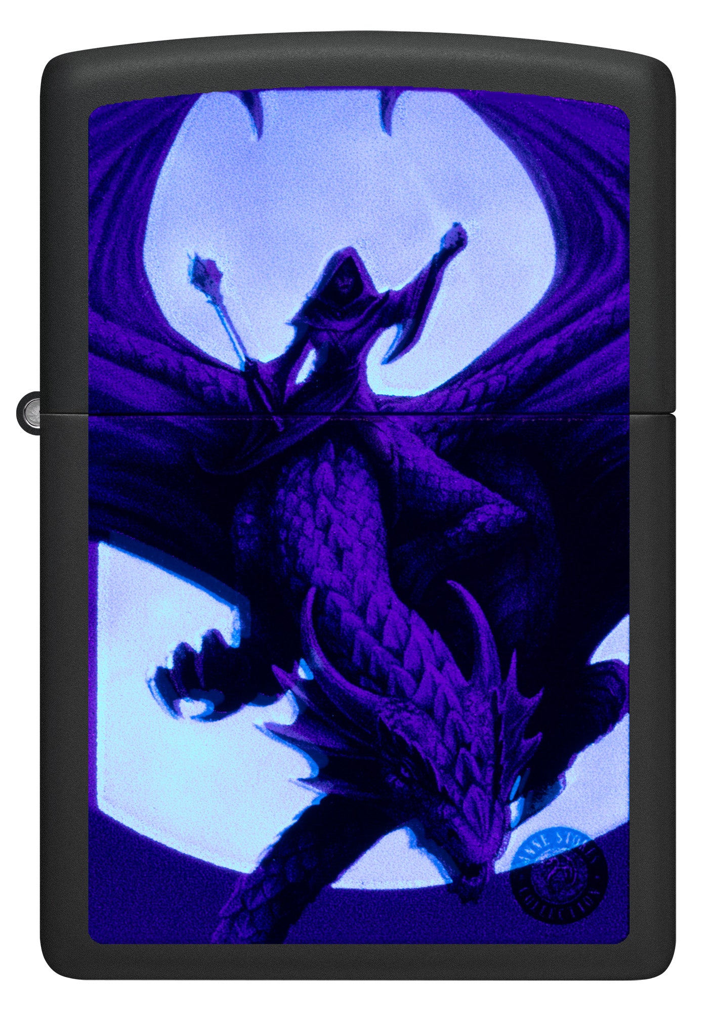 Zippo Lighter: Anne Stokes Lady Riding Dragon, Blacklight - Black Matte 81498