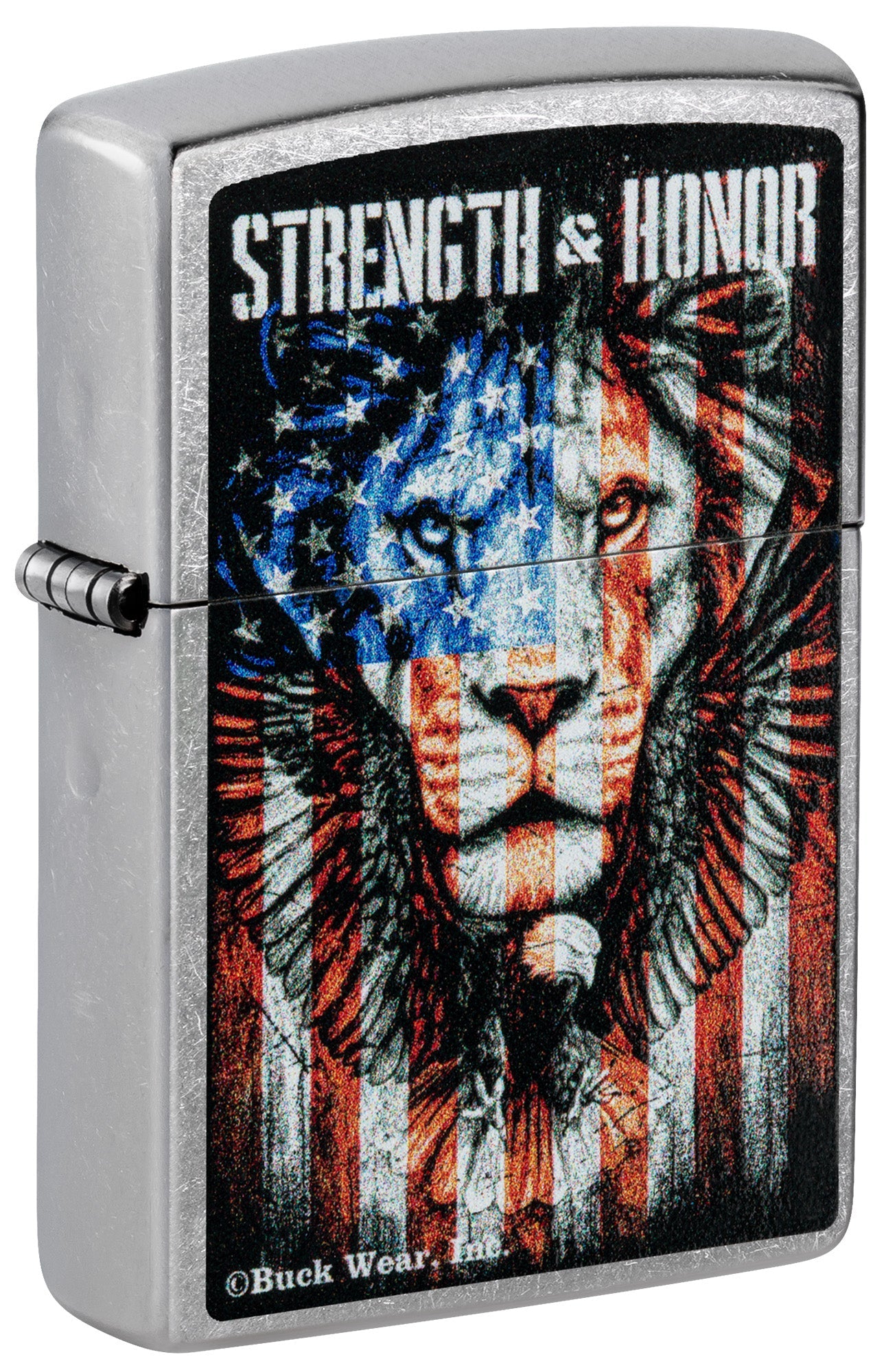 Zippo Lighter: Lion and Flag, Strength and Honor - Street Chrome 81502