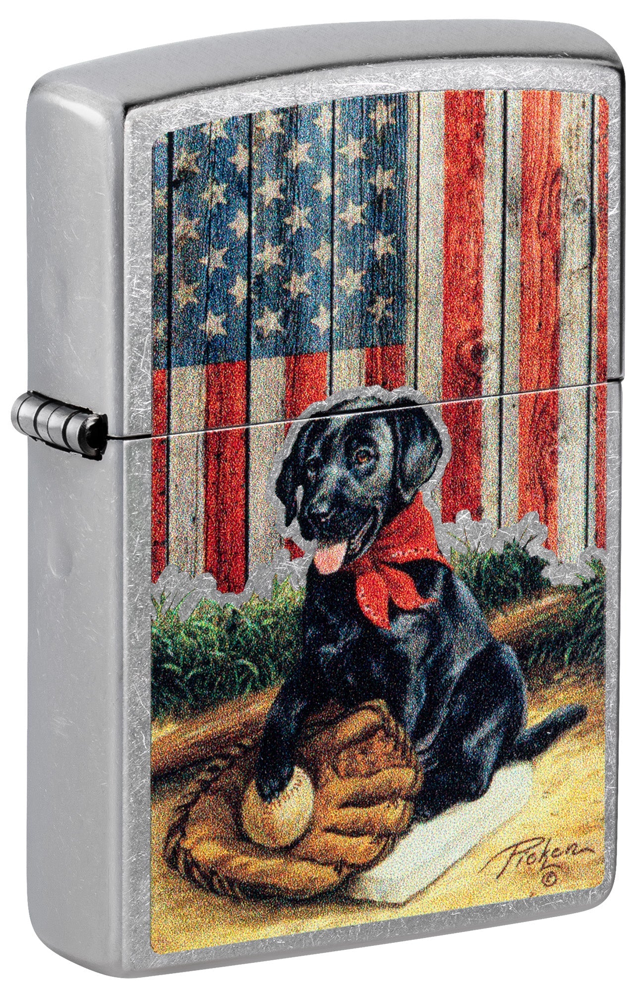Zippo Lighter: Black Lab Dog and Flag by Linda Picken - Street Chrome 81523