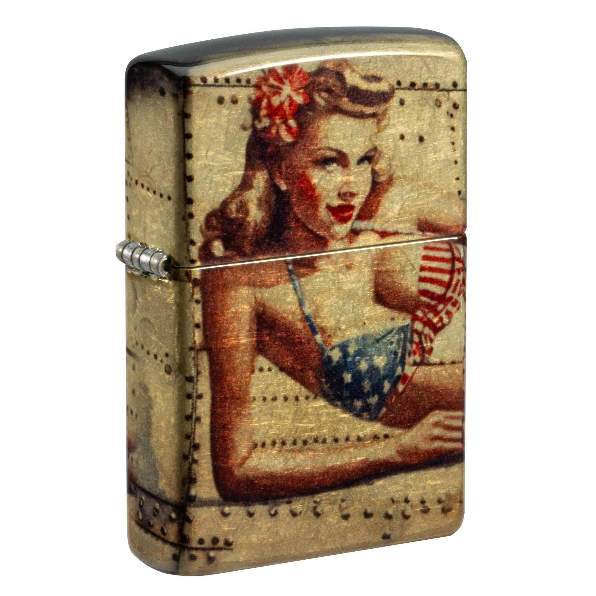 Zippo Bombs Away Pin-up Girl Lighter | Satin Chrome Windproof Design