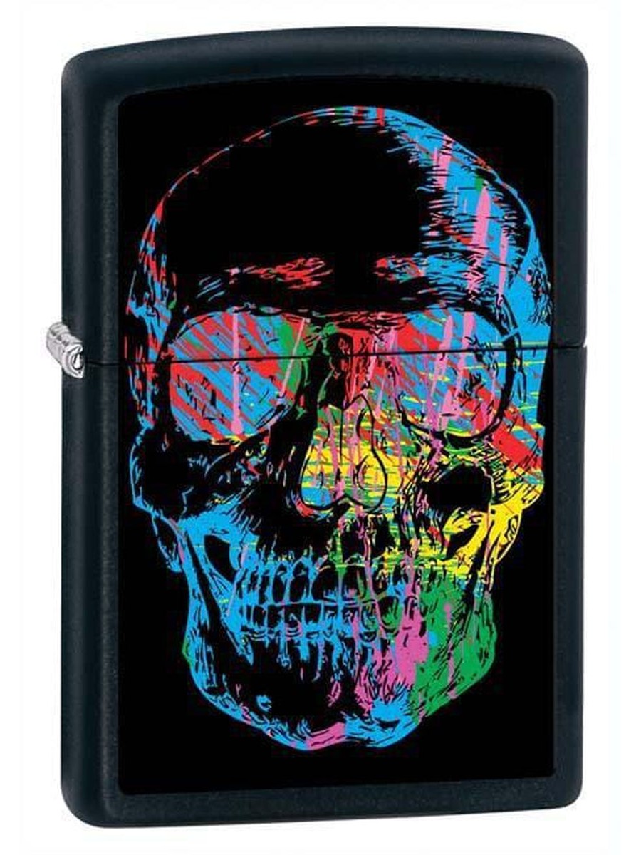 Zippo Lighter: Skull with Colorful Abstract Paint - Black Matte (1975503880307)