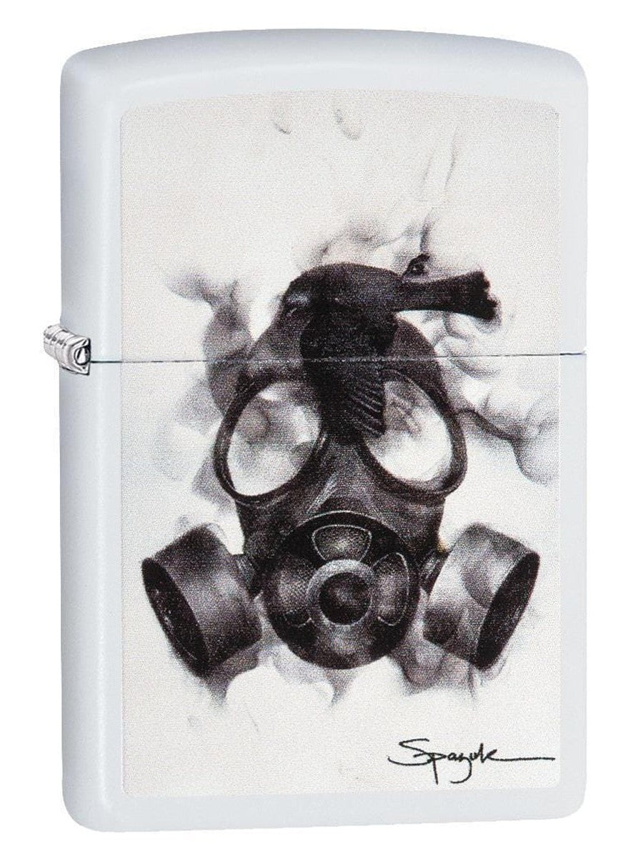 Zippo Lighter: Spazuk Gas Mask with Bird - White Matte 29646 (1975545921651)