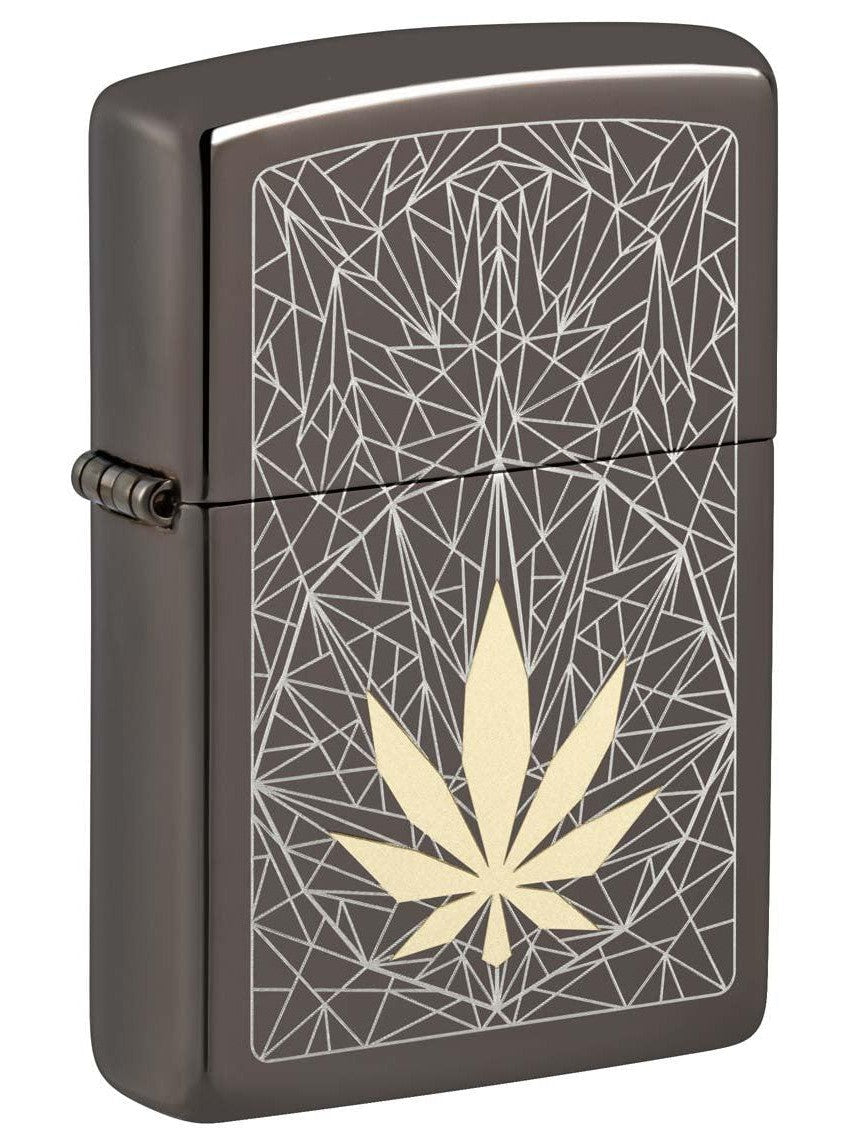 Zippo Lighter: Engraved Weed Leaf - Black Ice 48384