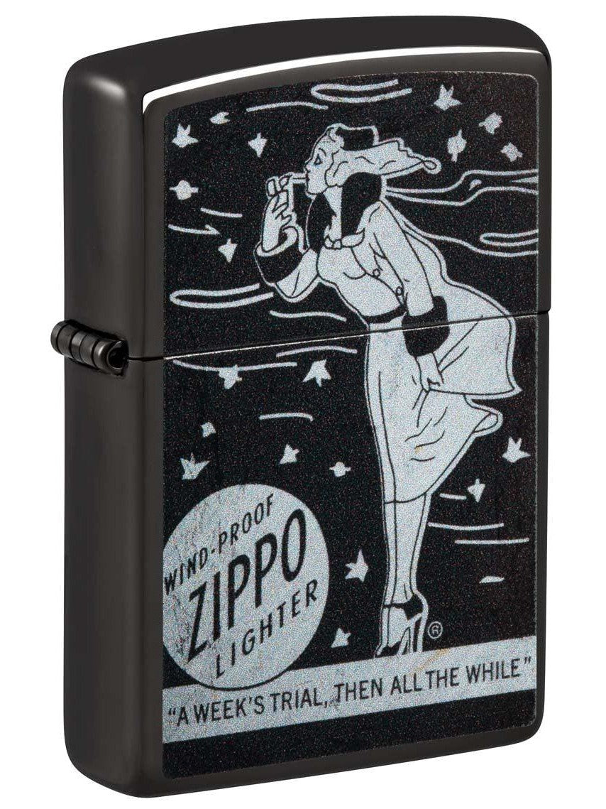 Zippo Lighter: Vintage Windy Design - High Polish Black 48456