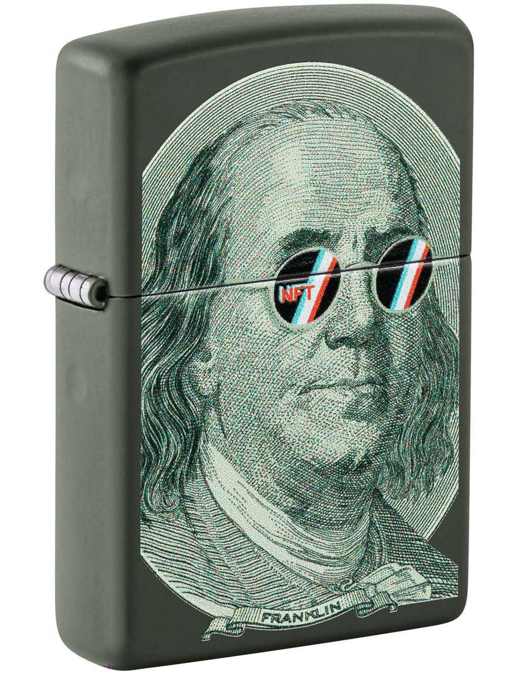 Zippo Lighter: Ben Franklin With NFT Sunglasses - Green Matte 48539