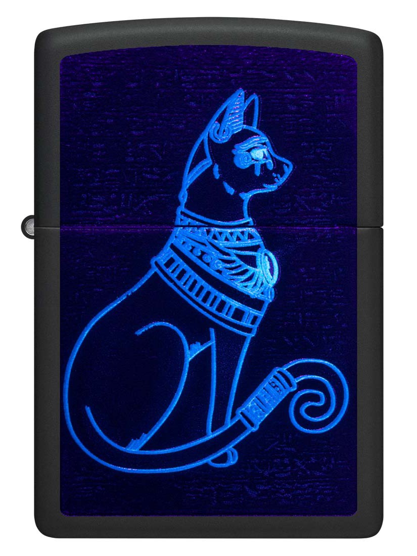 Zippo Lighter: Egyptian Cat, Black Light - Black Matte 48582
