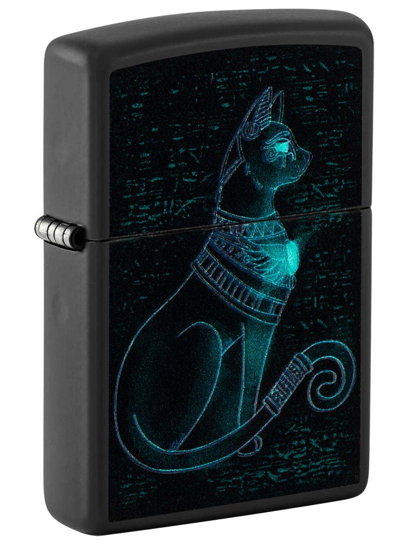 Zippo Lighter: Egyptian Cat, Black Light - Black Matte 48582