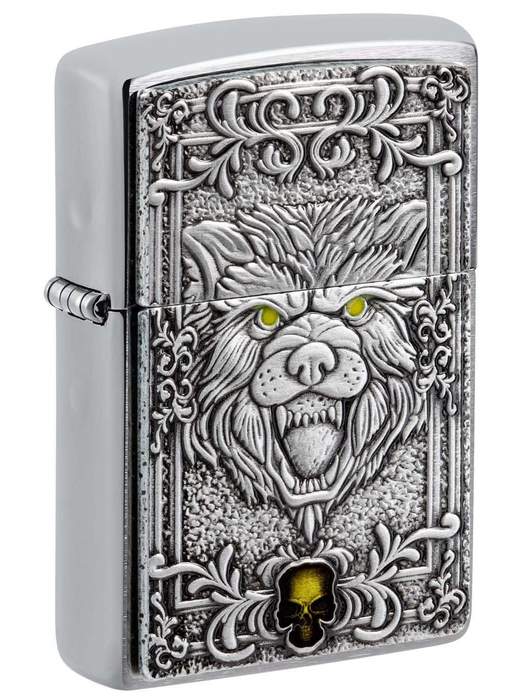 Zippo Lighter: Fierce Wolf Emblem - Brushed Chrome 48690