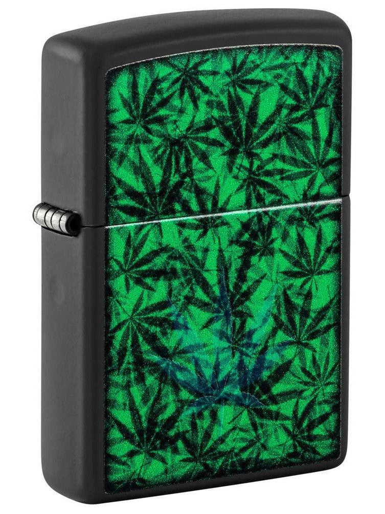 Zippo Lighter: Weed Leaf Pattern, Black Light - Black Matte