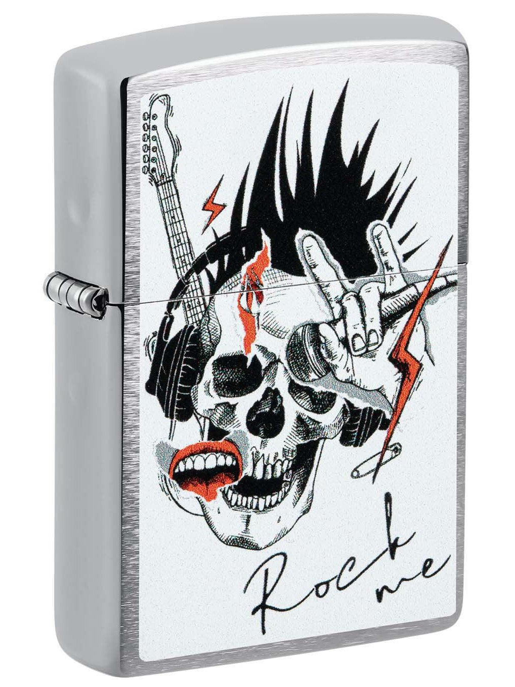 Zippo Lighter Skull, Rock Me Brushed Chrome 48887 Lucas Lighters