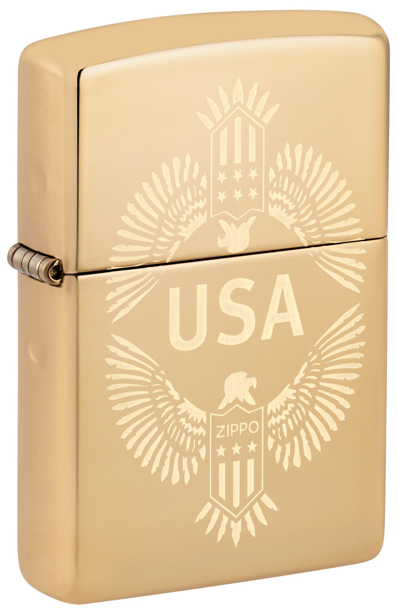 Zippo Lighter: USA Eagle Crest, Engraved - High Polish Brass 48915