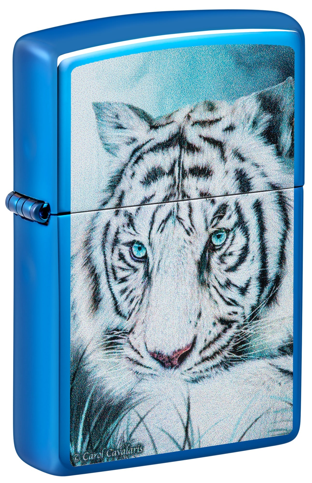 Zippo Lighter: White Tiger, Spirit of Sensuality by Carol Cavalaris - High Polish Blue 48951
