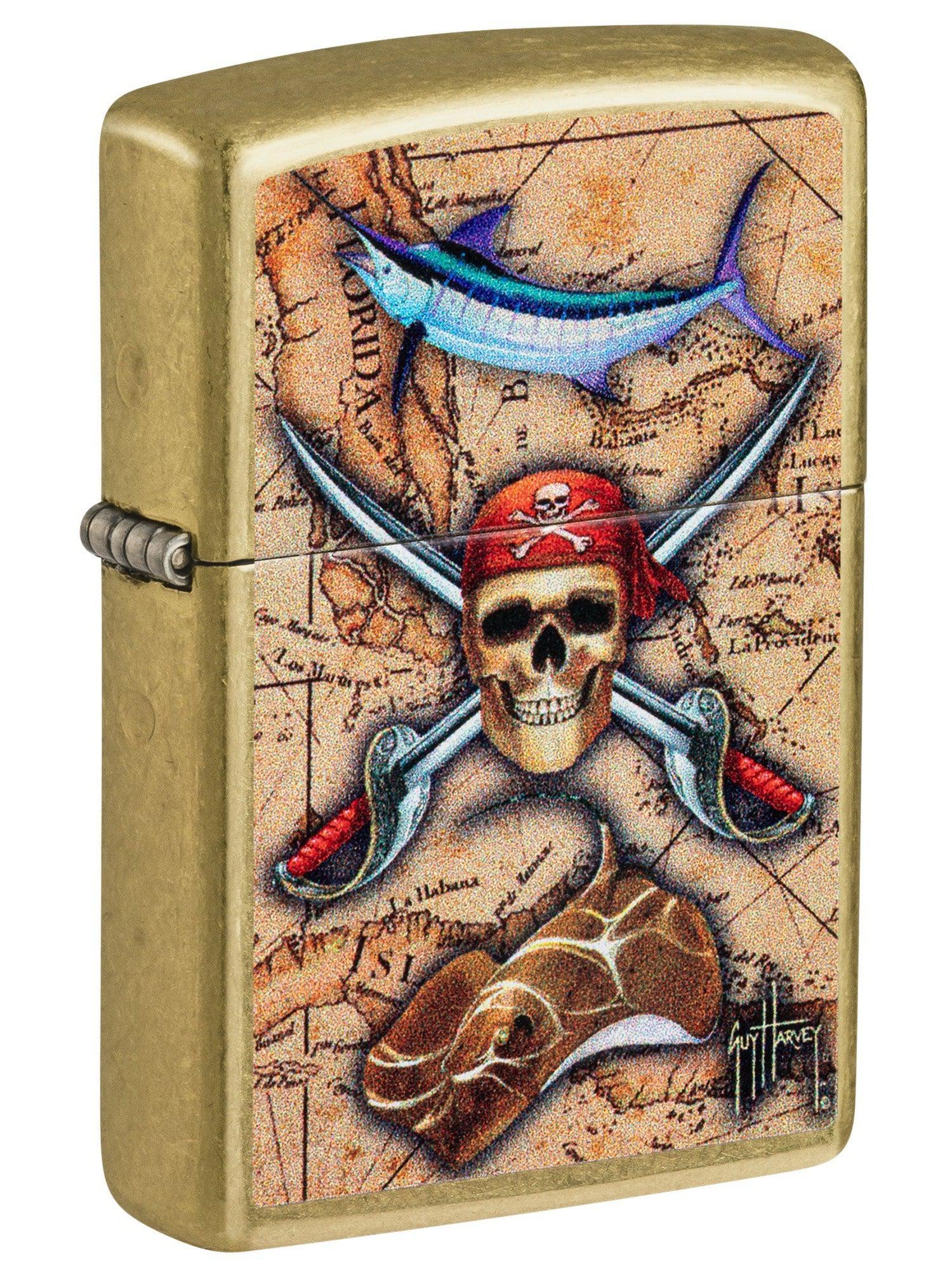Zippo Lighter: Pirate Skull and Treasure Map by Guy Harvey - Tumbled Brass 48966