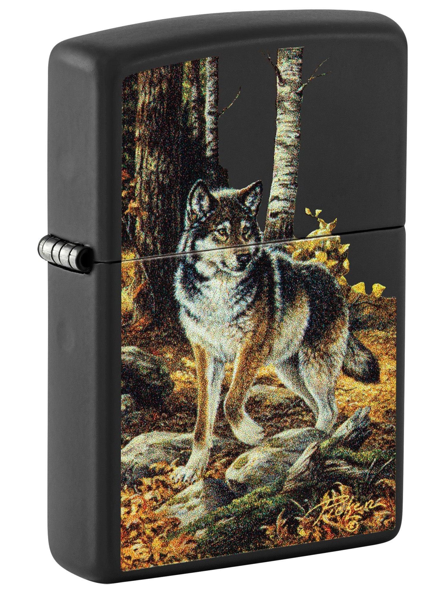 Zippo Lighter: Wolf in Fall Woods by Linda Pickens - Black Matte 48970