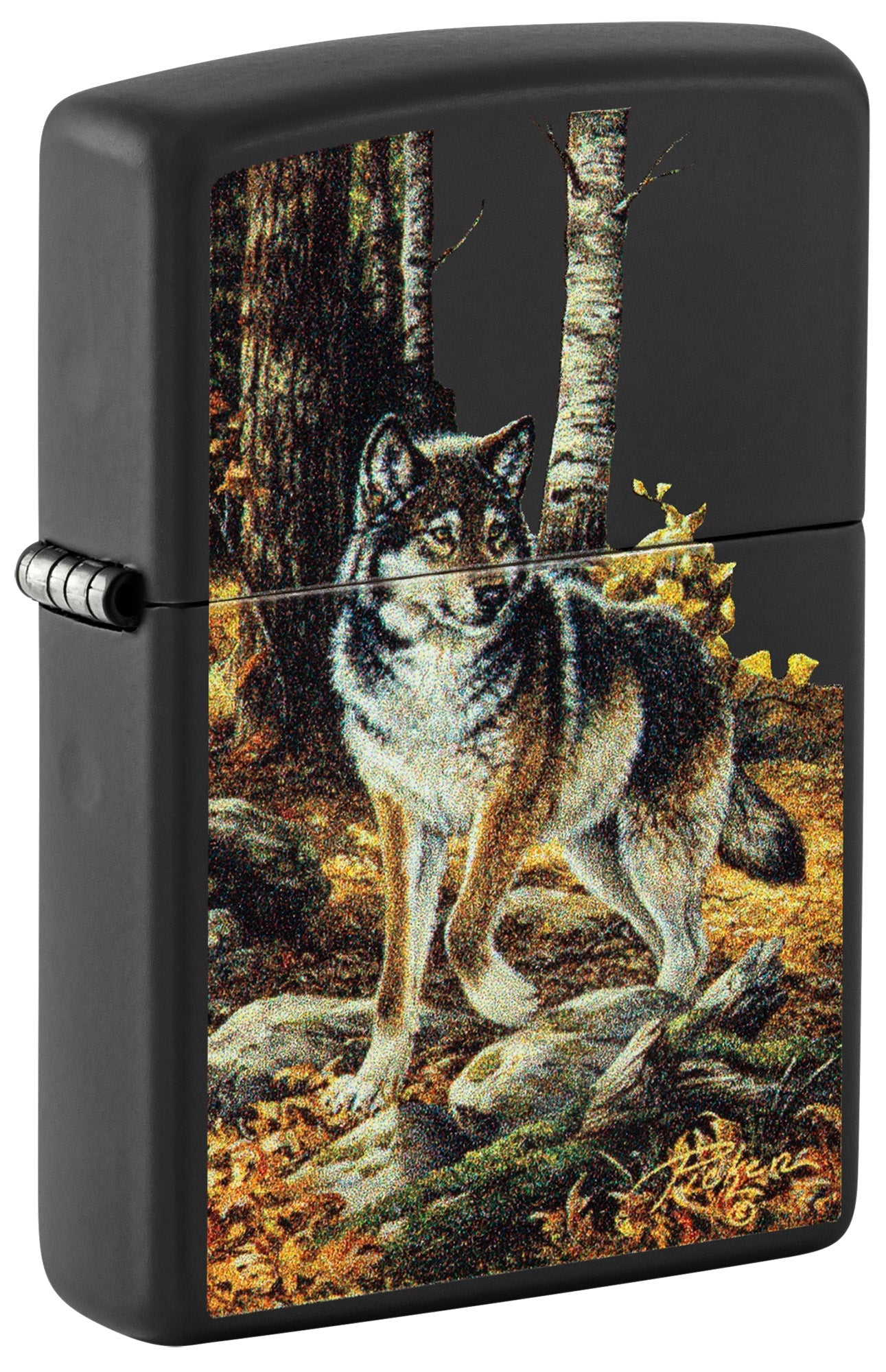 Zippo Lighter: Wolf in Fall Woods by Linda Pickens - Black Matte 48970