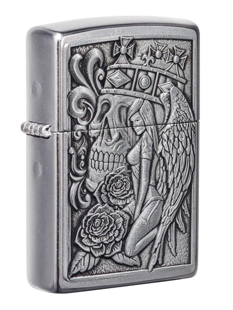 Zippo Lighter: Skull and Angel Emblem - Street Chrome 49442