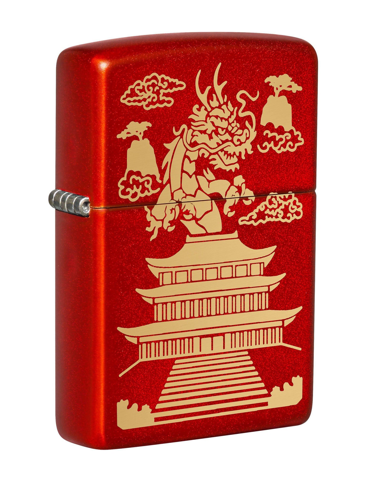 Zippo Lighter: Chinese Dragon and Temple, Engraved - Metallic Red 49517