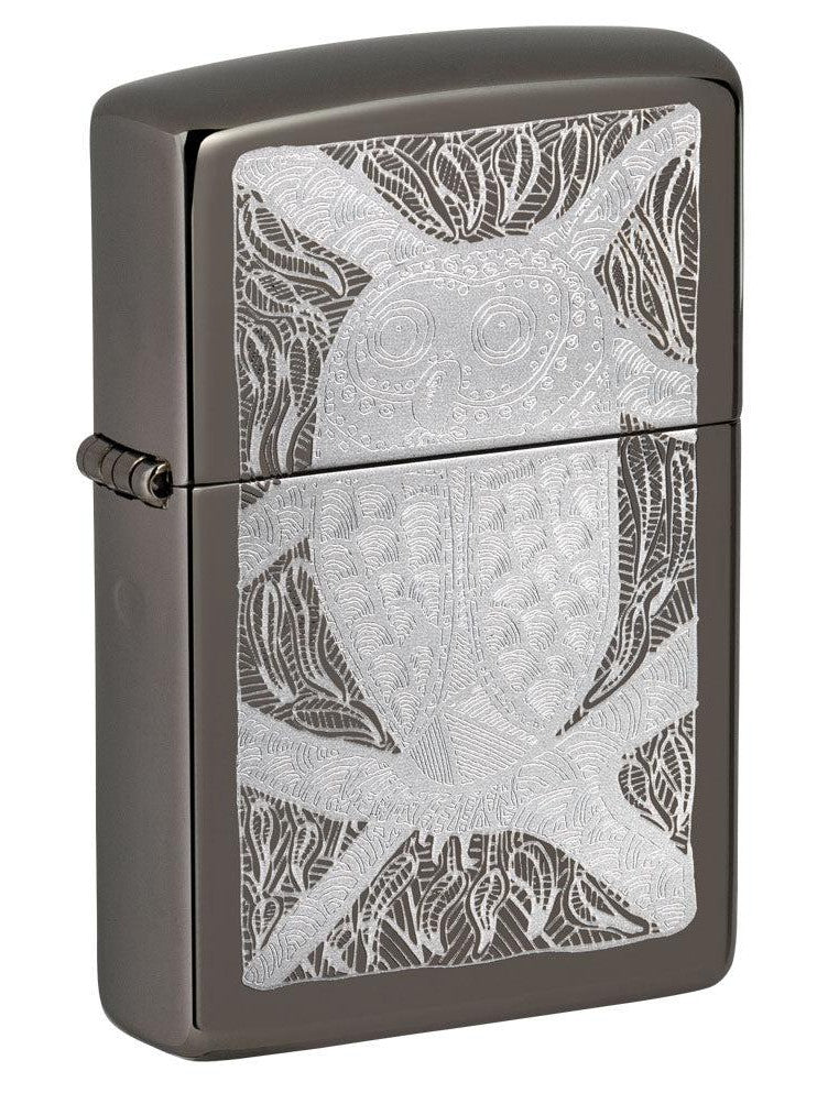 Zippo Lighter: Owl Design by John Smith Gumbula, Engraved - Black Ice 49612