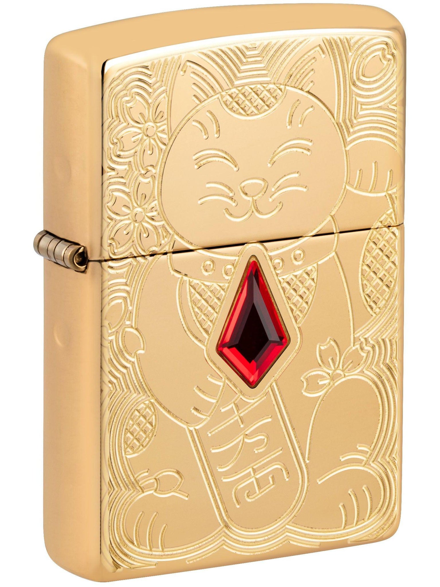 Zippo Lighter: Armor Engraved Maneki-neko, Lucky Cat - High Polish Brass 49802
