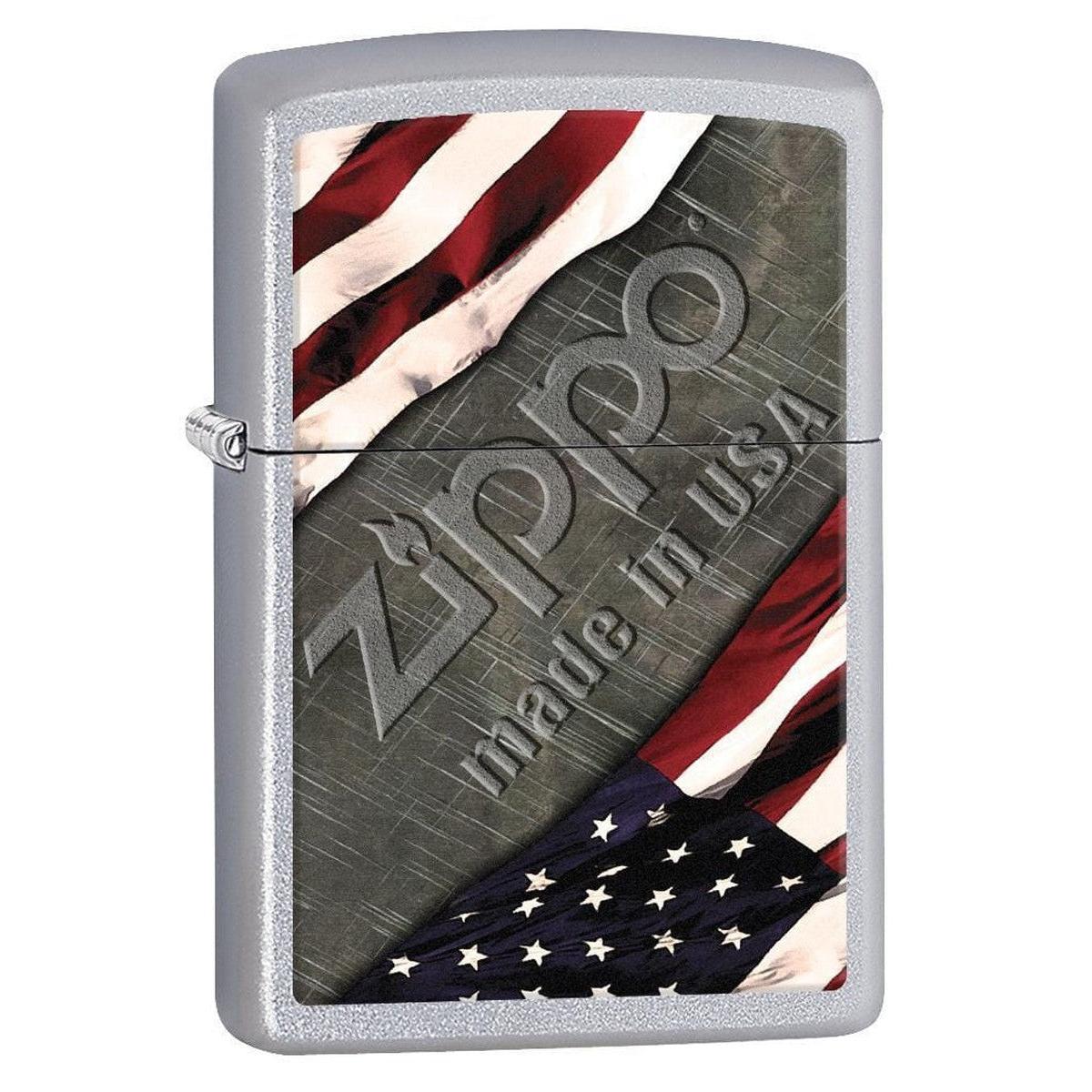 Zippo Lighter: American Flag and Metal - Satin Chrome 77001 