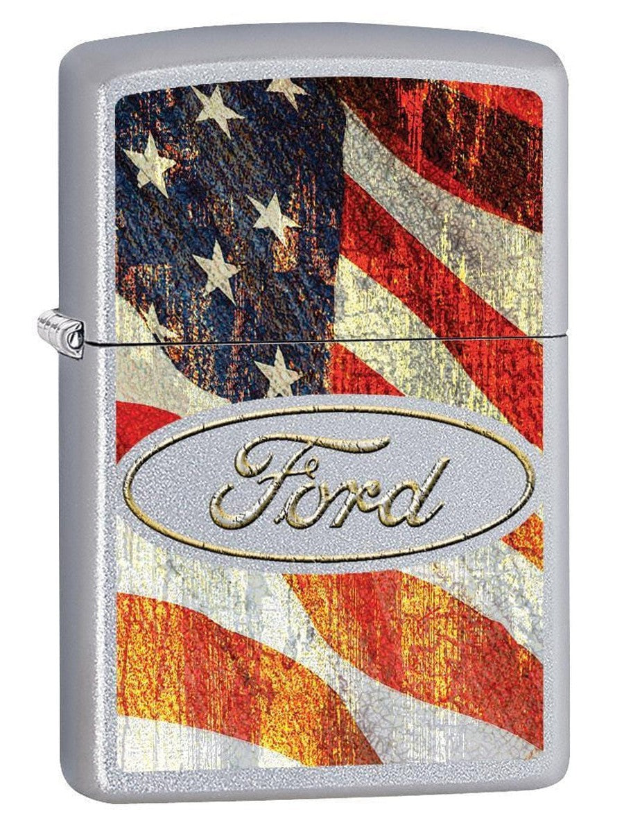 Zippo Lighter: Ford Logo on American Flag - Satin Chrome 77166 - Gear Exec (1975591108723)