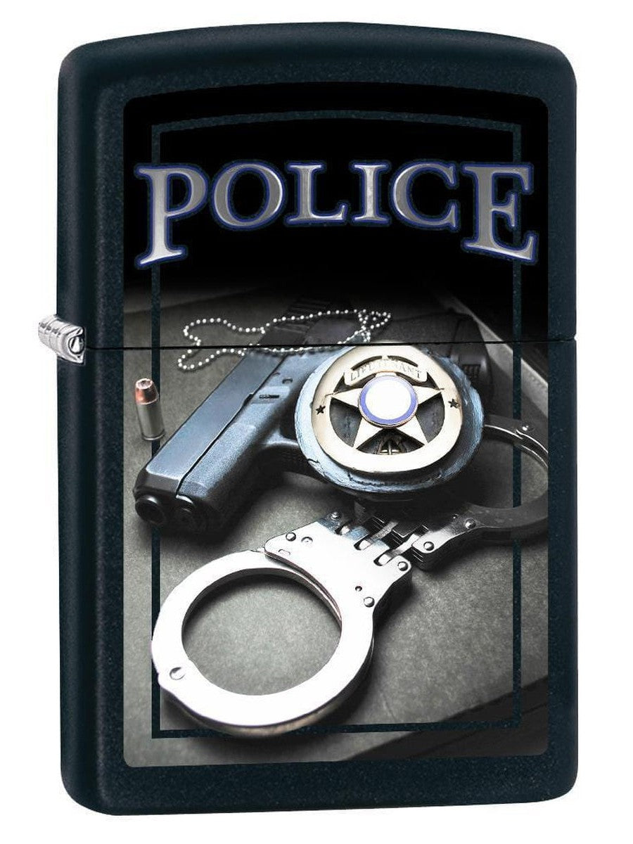Zippo Lighter: Police Gun, Badge and Handcuffs - Black Matte 78462 (1975609524339)