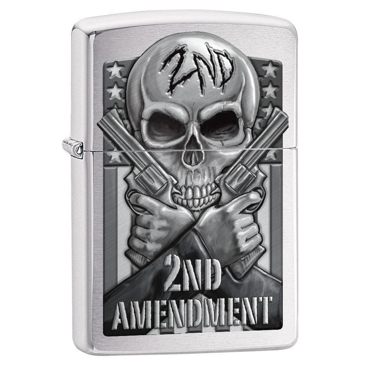 邦楽 Sing A Song...Lighter! Zippo Lighter: Second Amendment, Skull and Guns - Brushed Chrome