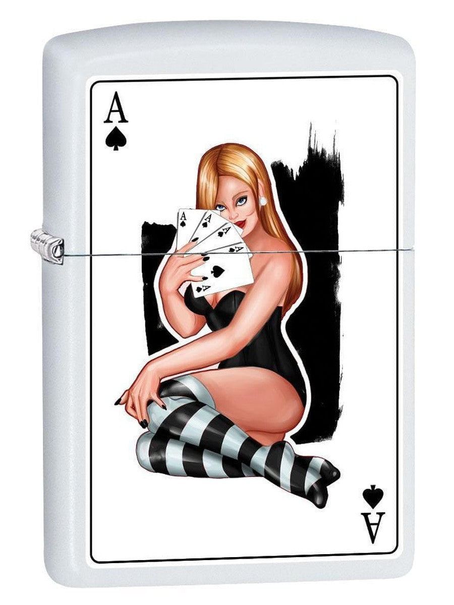 Zippo Lighter: Sexy Pin-Up Girl, Four Ace of Spades - White Matte 79554 (1975627120755)