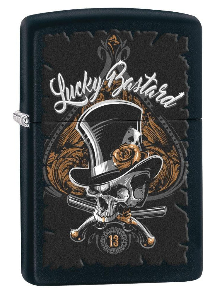Zippo Lighter Lucky Bastard Skull Black Matte 80196 Lucas Lighters