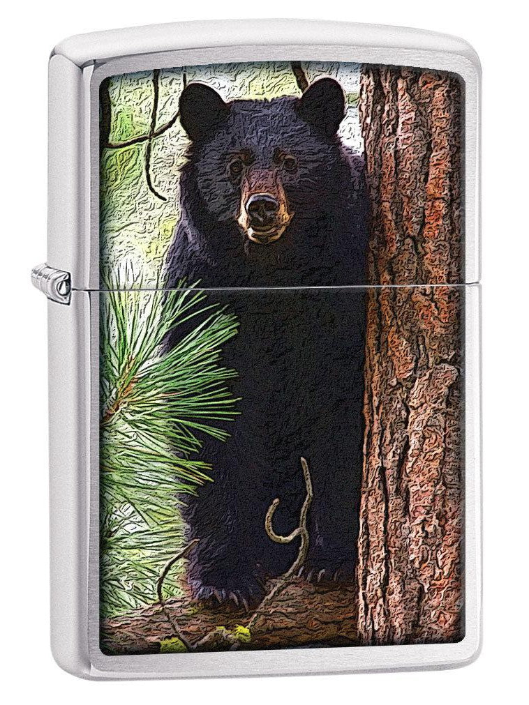 Zippo Lighter: Black Bear in the Woods - Brushed Chrome 80703