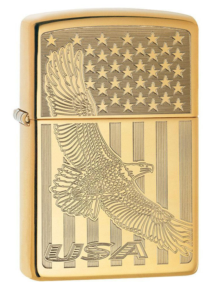 Zippo Lighter USA Flying Eagle and Flag, Engraved High Polish Brass