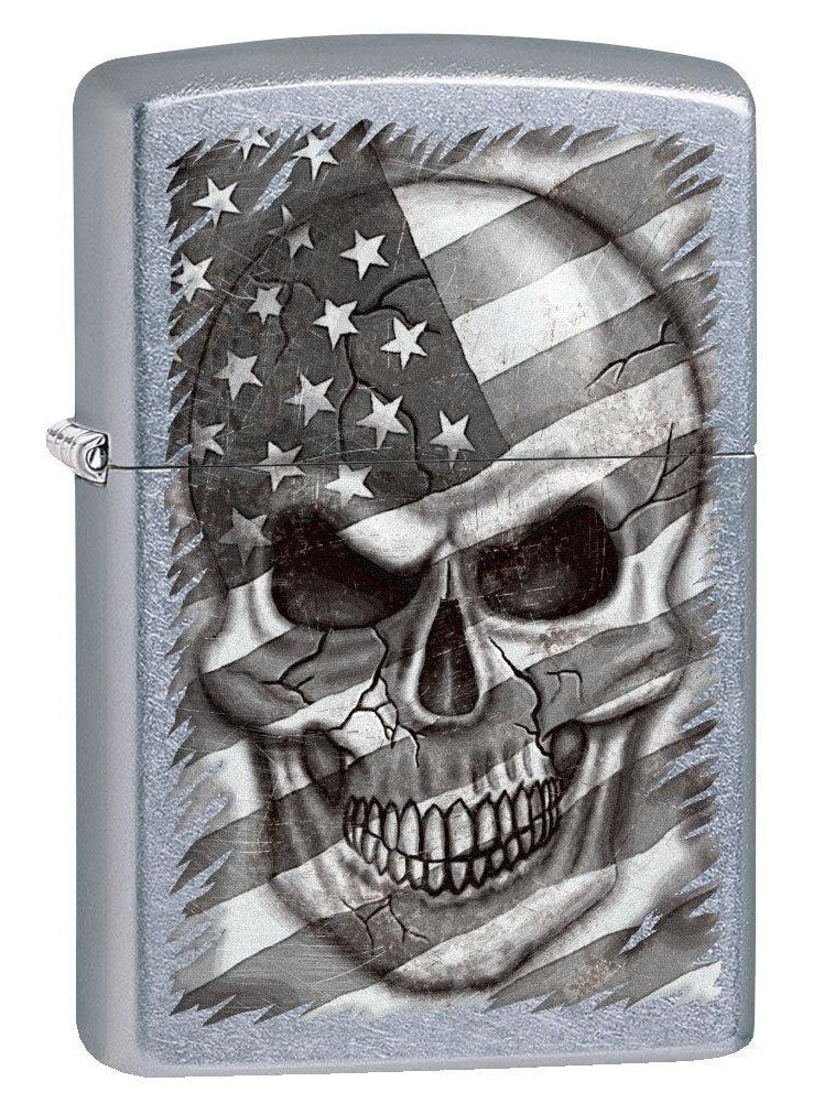 Zippo Lighter: Skull and American Flag in Grey - Street Chrome 80804