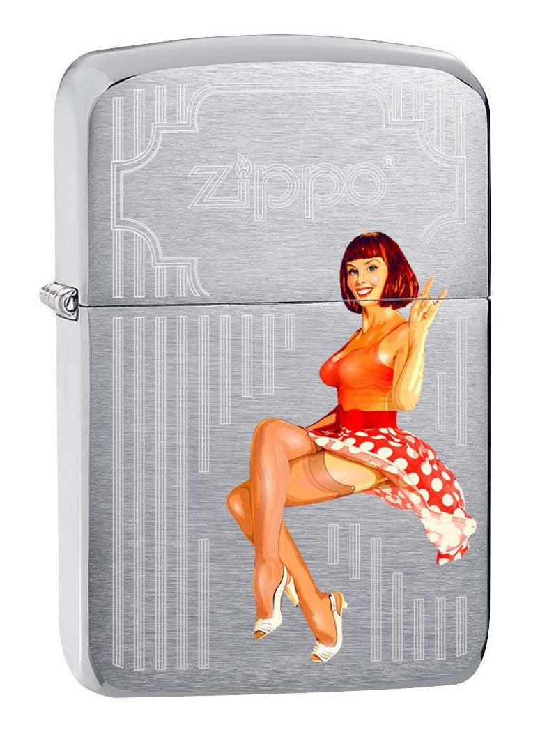 Zippo Lighter: Retro Pin-Up Girl, Polka Dot Skirt - Brushed Chrome 81056