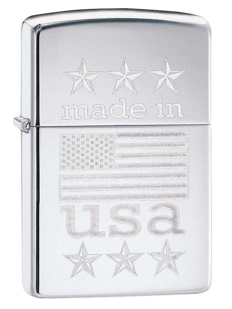 Zippo Lighter: Made in USA with Flag, Engraved - High Polish Chrome 81178