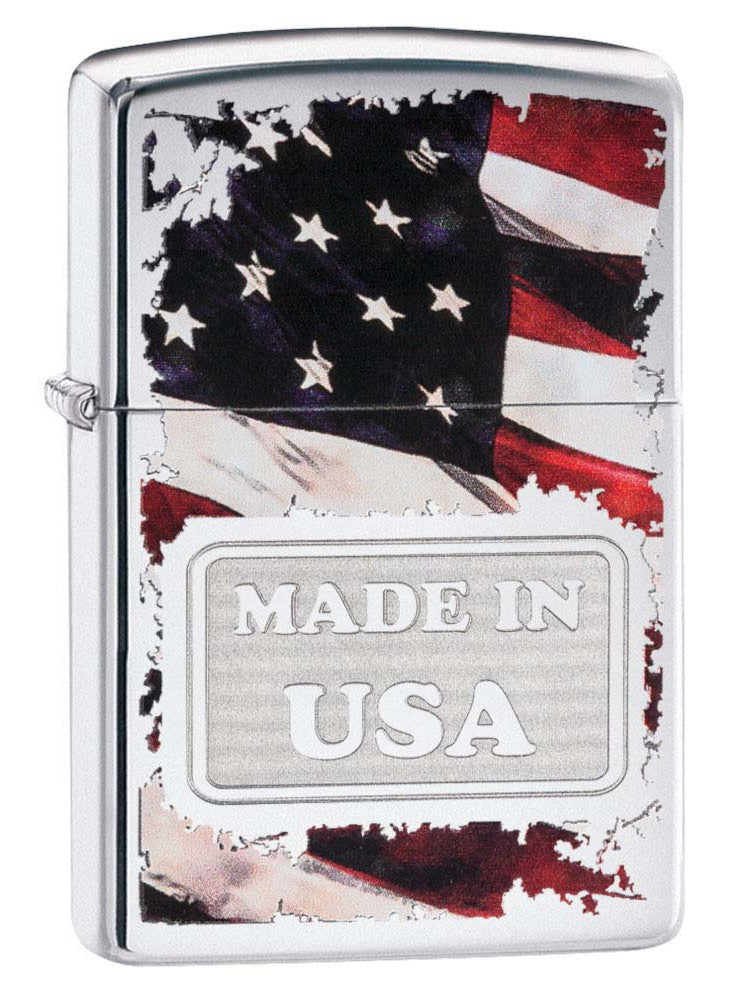Zippo Lighter: Made in USA with Flag - High Polish Chrome 81184