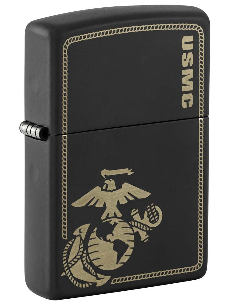 Zippo Lighter: USMC Marines Logo with Border, Engraved - Black Matte 81258