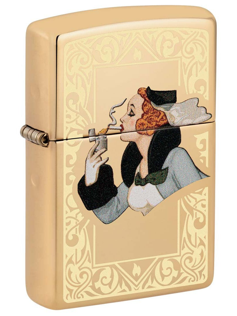 Zippo Lighter: Windy with Engraved Background - High Polish Brass 81391