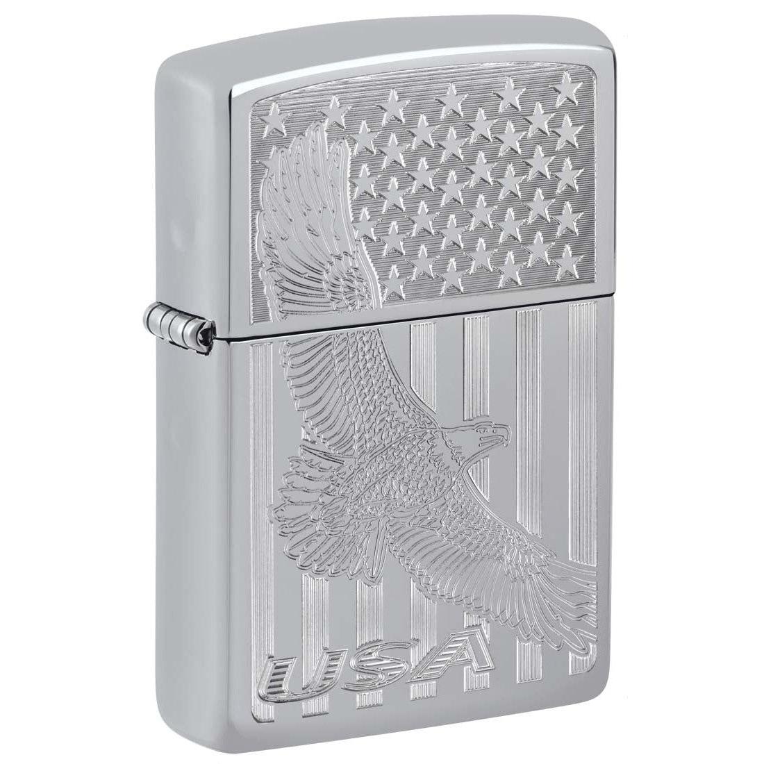 Zippo Lighter: USA Flying Eagle and Flag, Engraved - High Polish