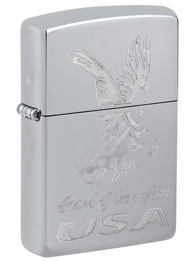 Zippo Lighter: American Eagle, Land of the Free USA, Engraved - High Polish Chrome 81397