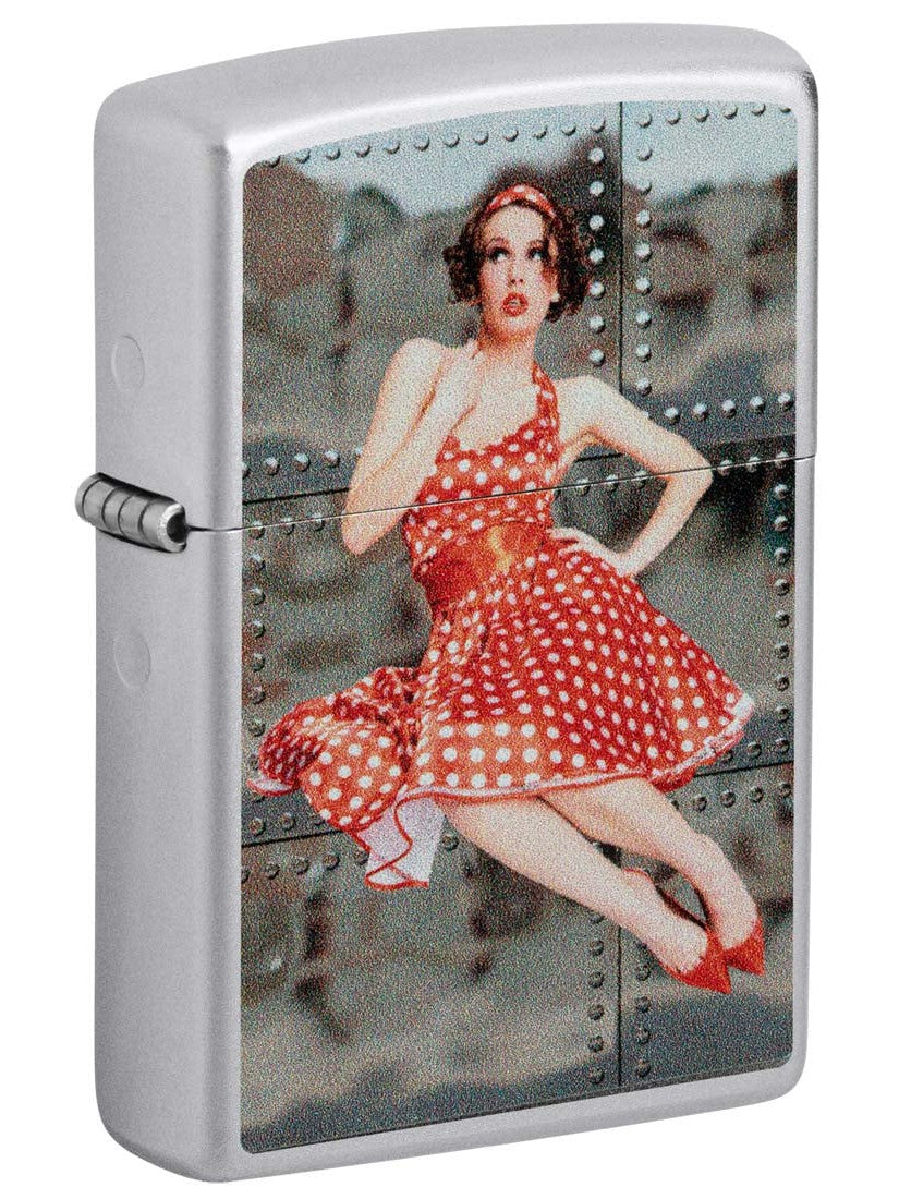 Zippo Lighter: Brunette Pin-Up Girl in Red Polka Dot - Satin Chrome 81422