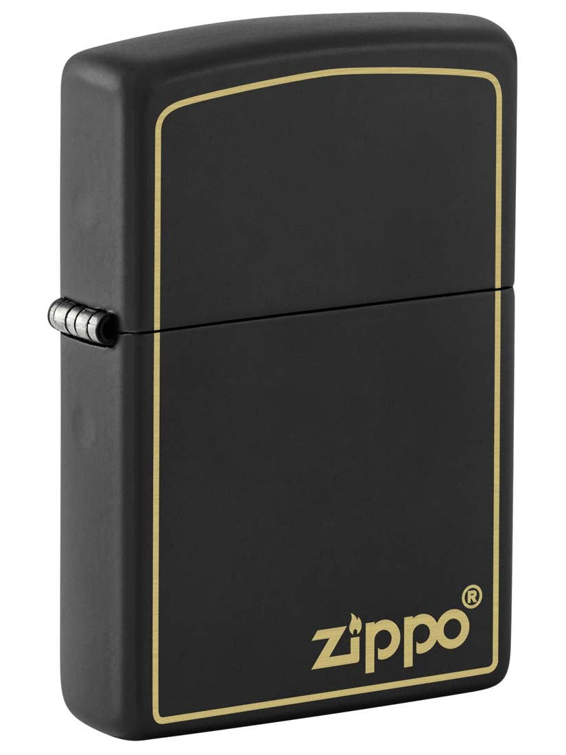Zippo メジャー Zippo Lighter: Engraved Zippo Logo with Border - Black Matte