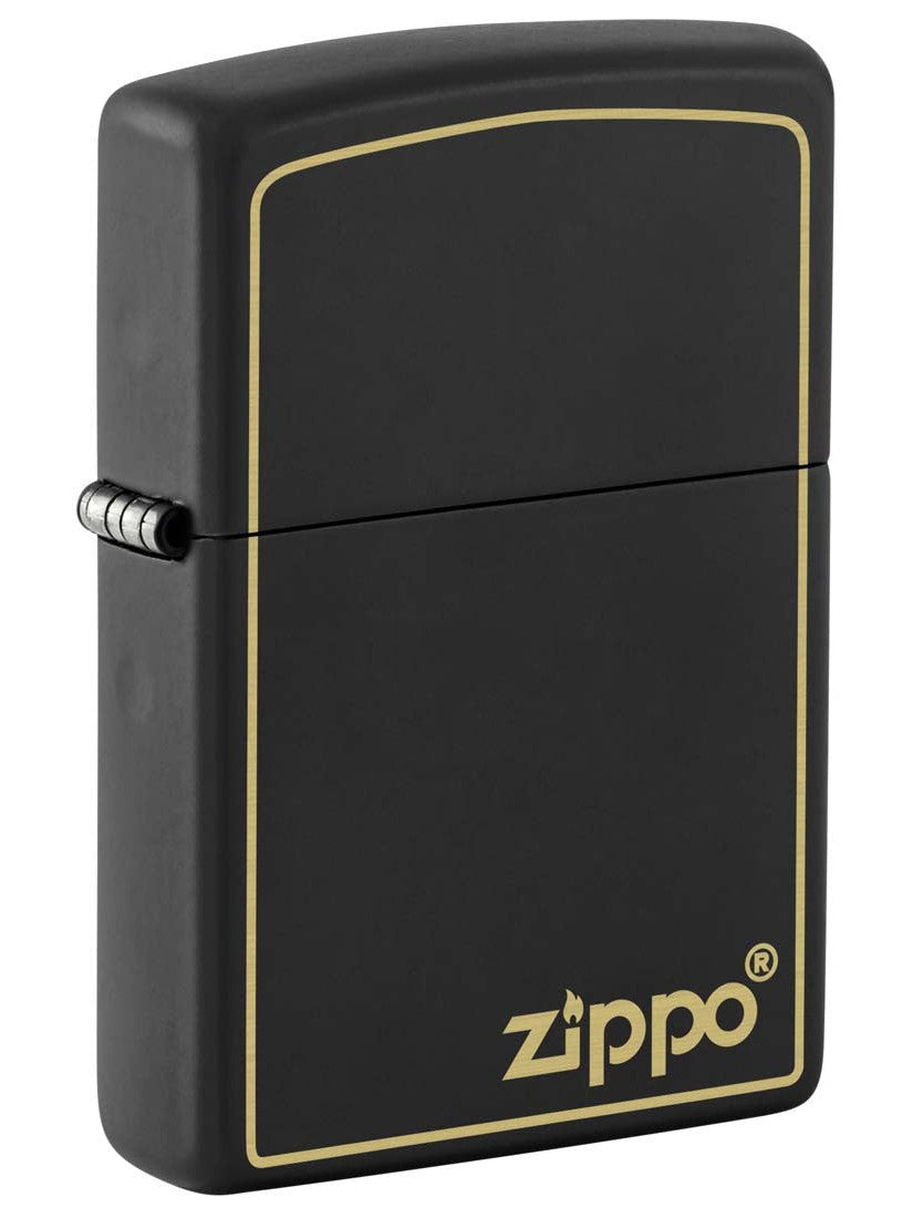 Zippo Lighter: Engraved Zippo Logo with Border - Black Matte 81427