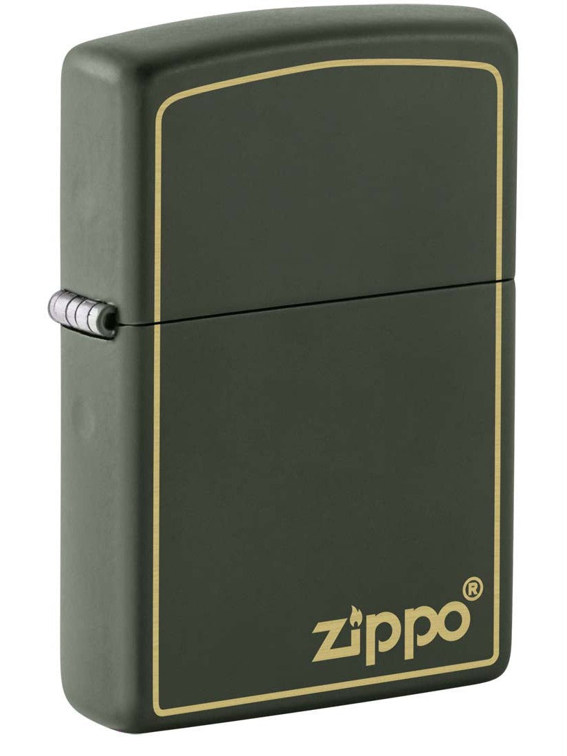 Zippo Lighter: Engraved Zippo Logo with Border - Green Matte 81428