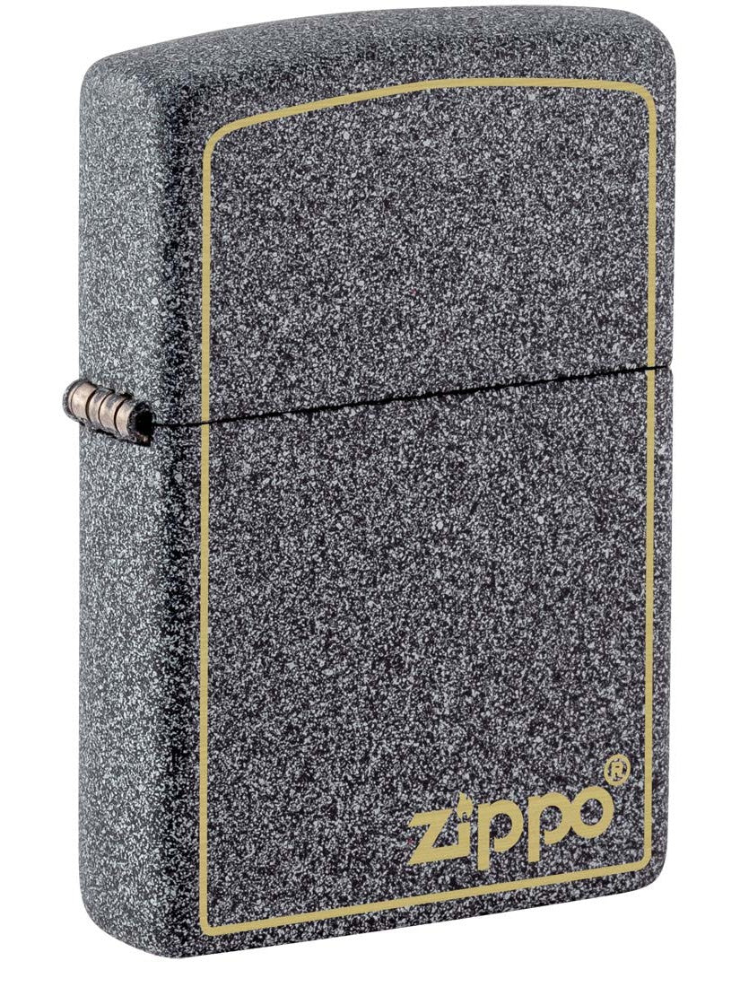 Zippo Lighter: Engraved Zippo Logo with Border - Iron Stone 81431