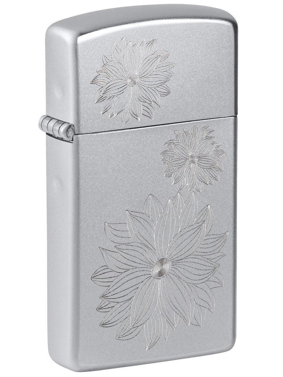 Zippo Lighter: Slim, Engraved Flowers - Satin Chrome 81443