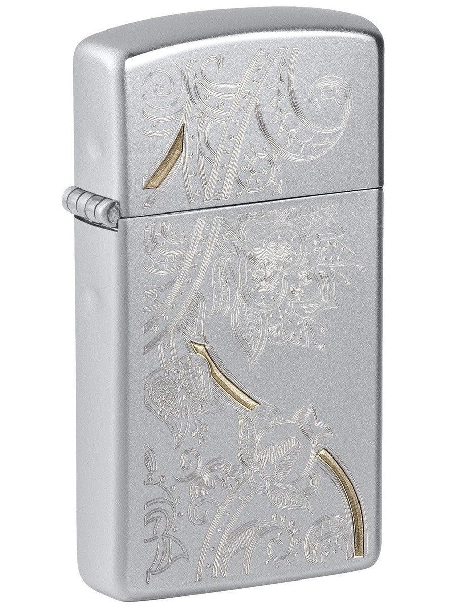 Zippo Lighter: Slim, Engraved Floral Pattern - Satin Chrome 81444